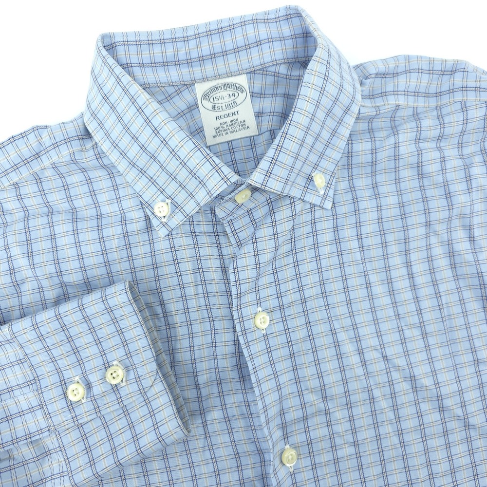 Brooks Brothers Regent Dress Shirt Mens 15.5-34 Blue Plaid Check Supima Cotton